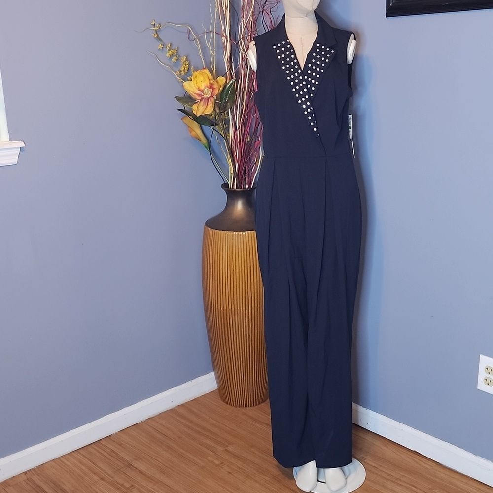 XOXO Womens Embellished Surplice Neck Jumpsuit Navy Size Large NWT - Picture 4 of 16